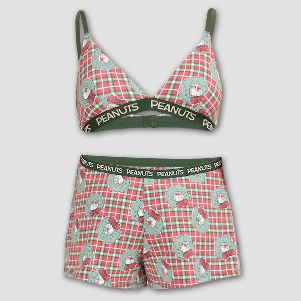 Women's Peanuts Holiday Bralette & Boxer Set - Pink/Red &Green XL - Picture 3 of 4